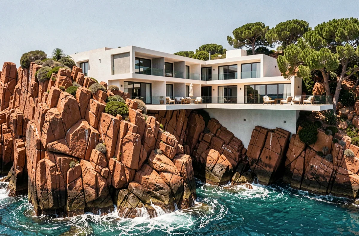 Hôtel Les Roches Rouges perché sur des falaises de porphyre rouge au-dessus de la mer turquoise de l'Estérel
