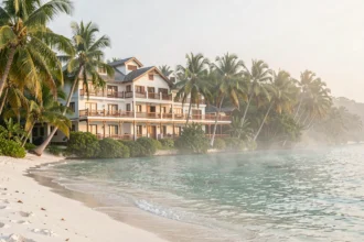 Hôtel 5 étoiles de luxe en bord de plage en Guadeloupe avec vue sur le lagon turquoise et végétation tropicale
