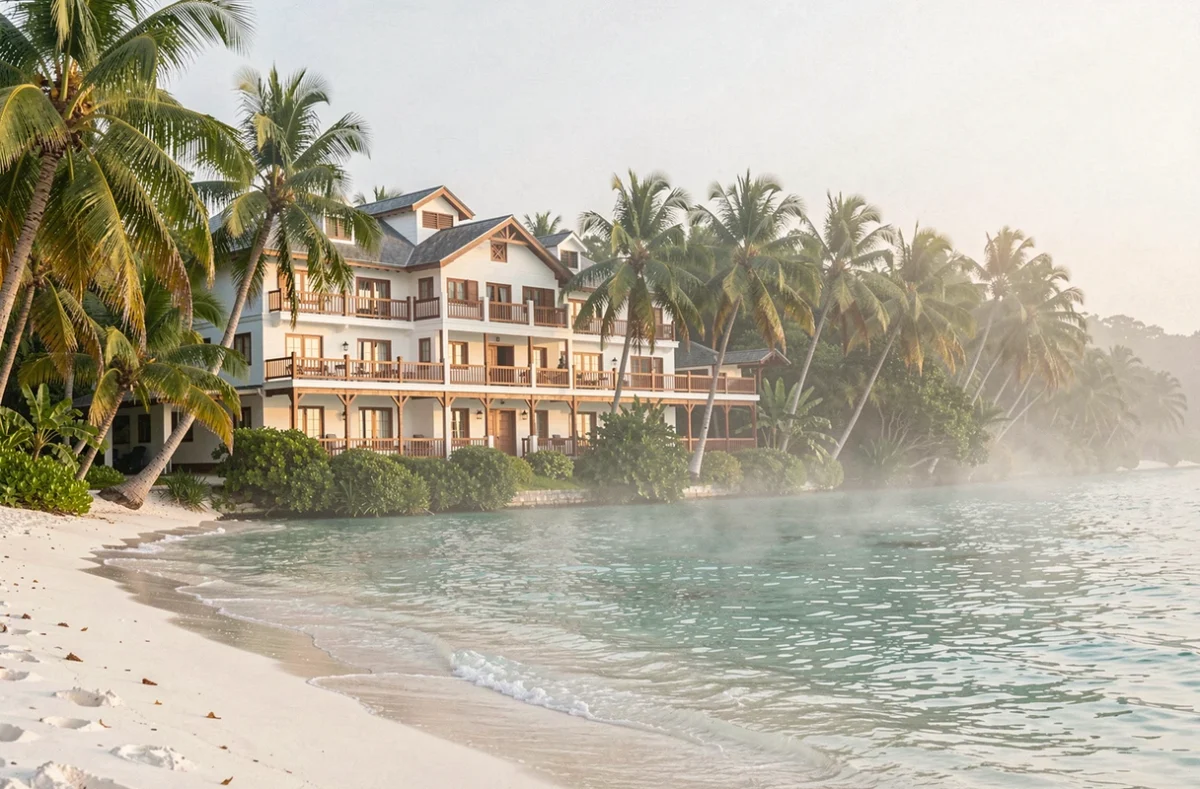 Hôtel 5 étoiles de luxe en bord de plage en Guadeloupe avec vue sur le lagon turquoise et végétation tropicale