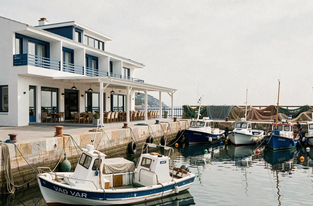 Terrasse de l'Hôtel Plein Large donnant directement sur un port provençal avec des barques de pêche amarrées