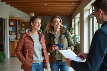 Femme et adolescent à la réception d'un hôtel en France