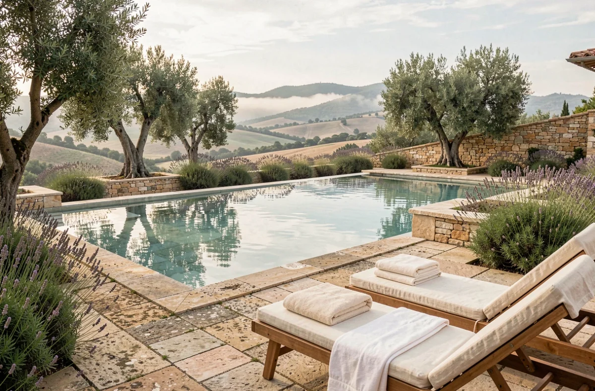 Piscine à débordement en pierre entourée d'oliviers et de lavande avec vue sur les collines provençales à l'Hôtel et Spa du Castellet
