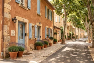 Façade d'un hôtel économique typique en Occitanie avec architecture en pierre et volets bleus