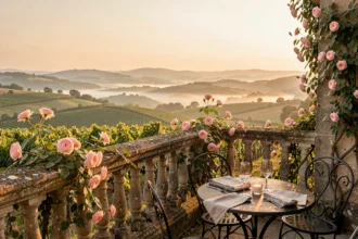 Terrasse romantique avec vue sur les vignes et collines de Nouvelle-Aquitaine, table dressée pour deux avec verres à vin