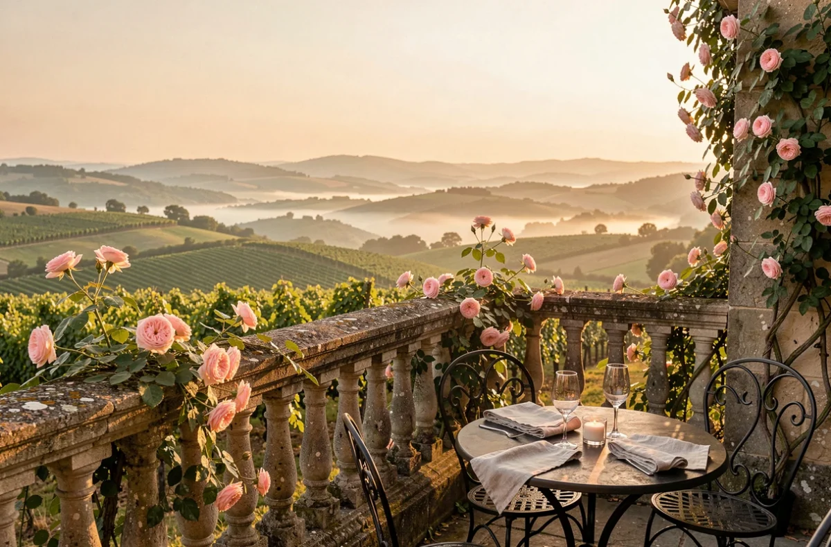 Terrasse romantique avec vue sur les vignes et collines de Nouvelle-Aquitaine, table dressée pour deux avec verres à vin