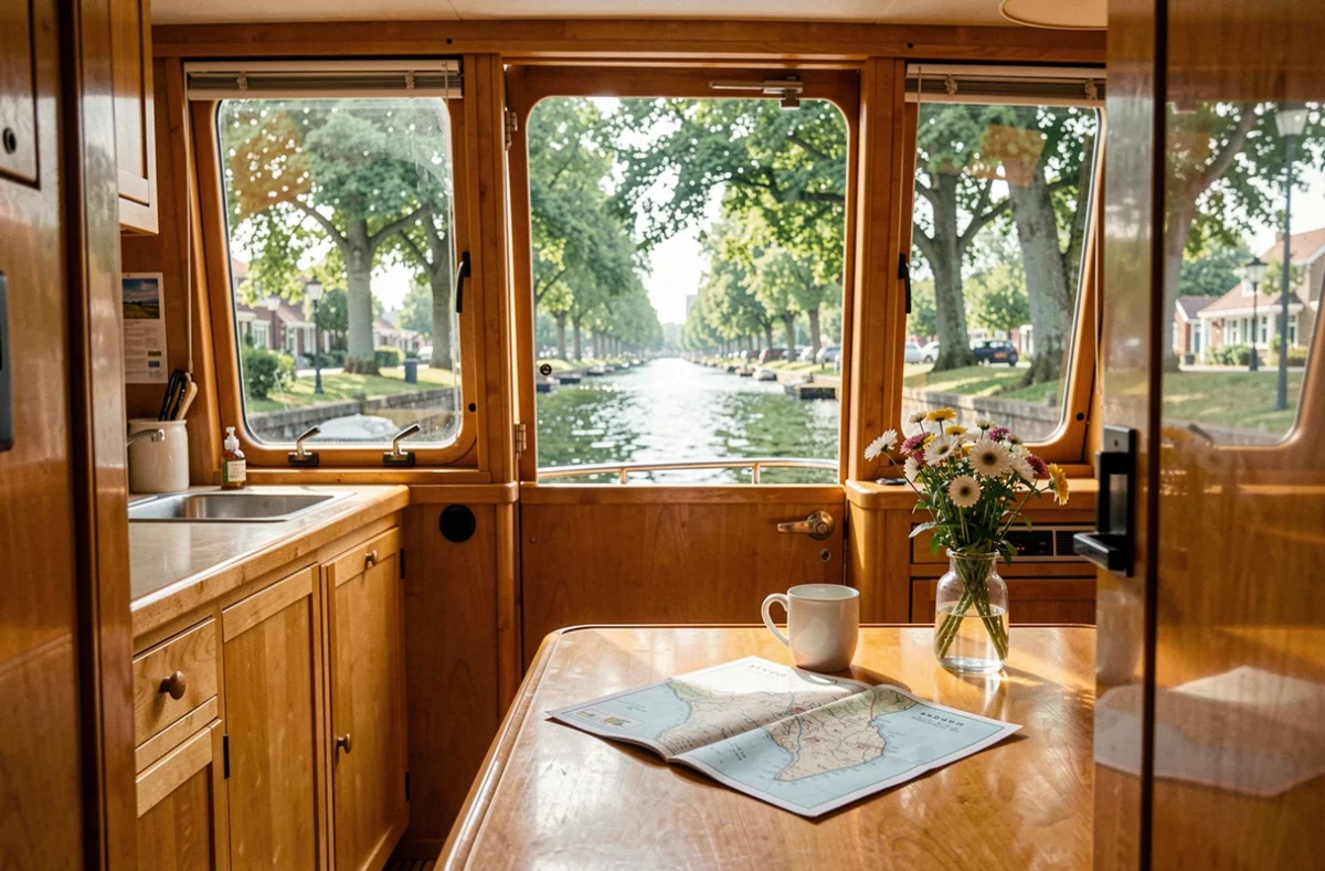 Intérieur confortable d'une cabine de péniche de croisière sur le Canal du Midi avec vue sur le canal depuis le hublot