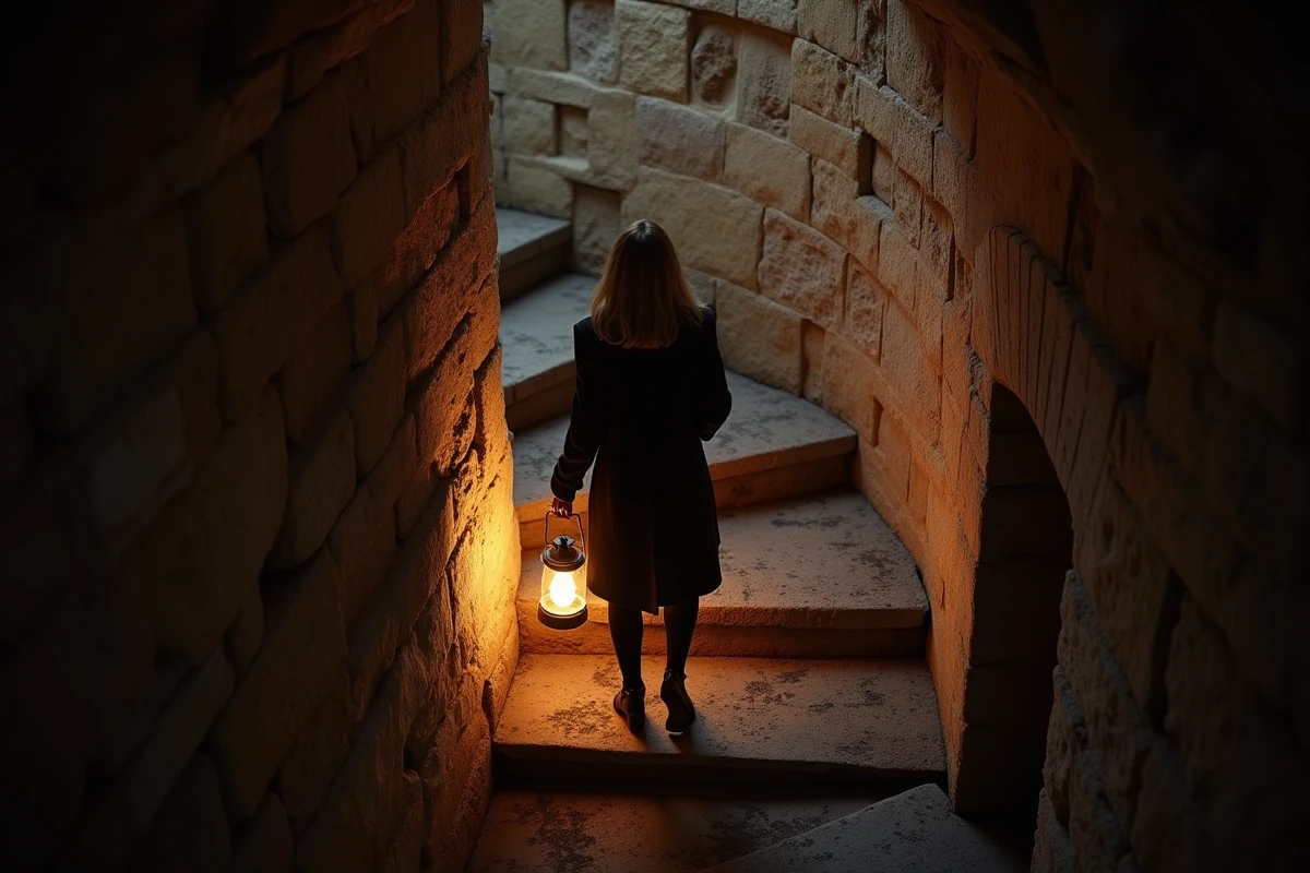 Intérieur de la tour de Piz la nuit, femme montant un escalier en colimaçon en pierre avec une lanterne lors d'une visite nocturne