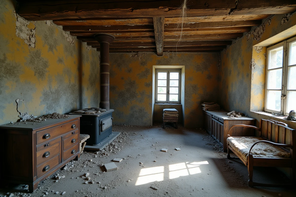 Intérieur d'une ferme abandonnée dans un village français avec mobilier poussiéreux et murs en pierres apparentes
