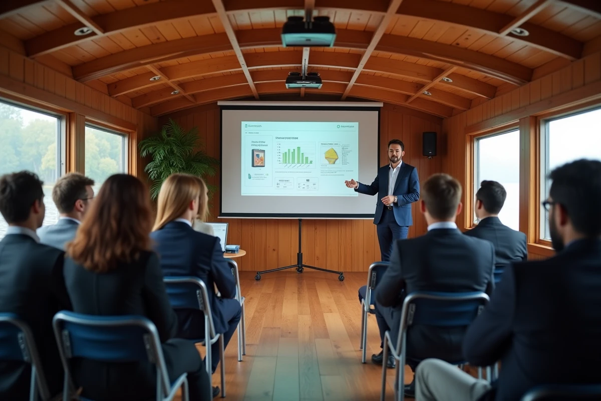 Intérieur aménagé d'une péniche à Toulouse transformée en salle de séminaire avec présentation professionnelle et participants attentifs