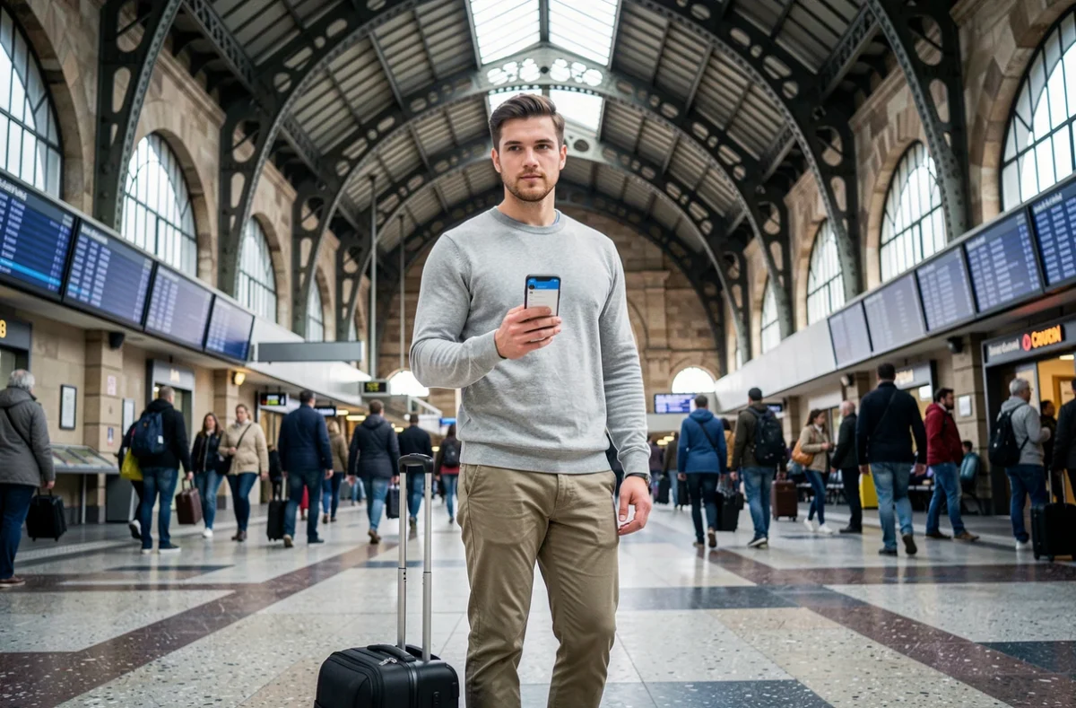 Jeune actif devant un tableau des départs en gare européenne, voyageant avec un petit budget