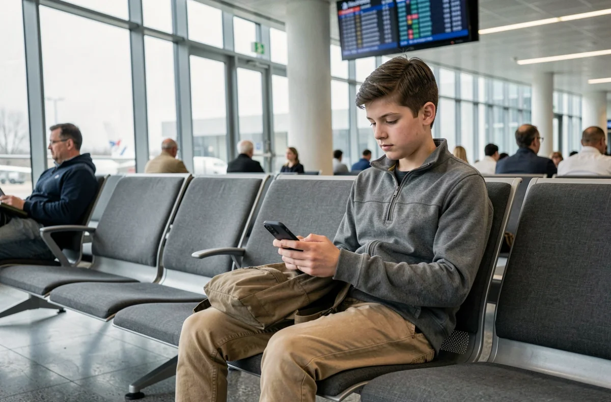 Jeune adolescent de 16 ans attendant seul en salle d'embarquement d'aéroport lors d'un voyage en avion