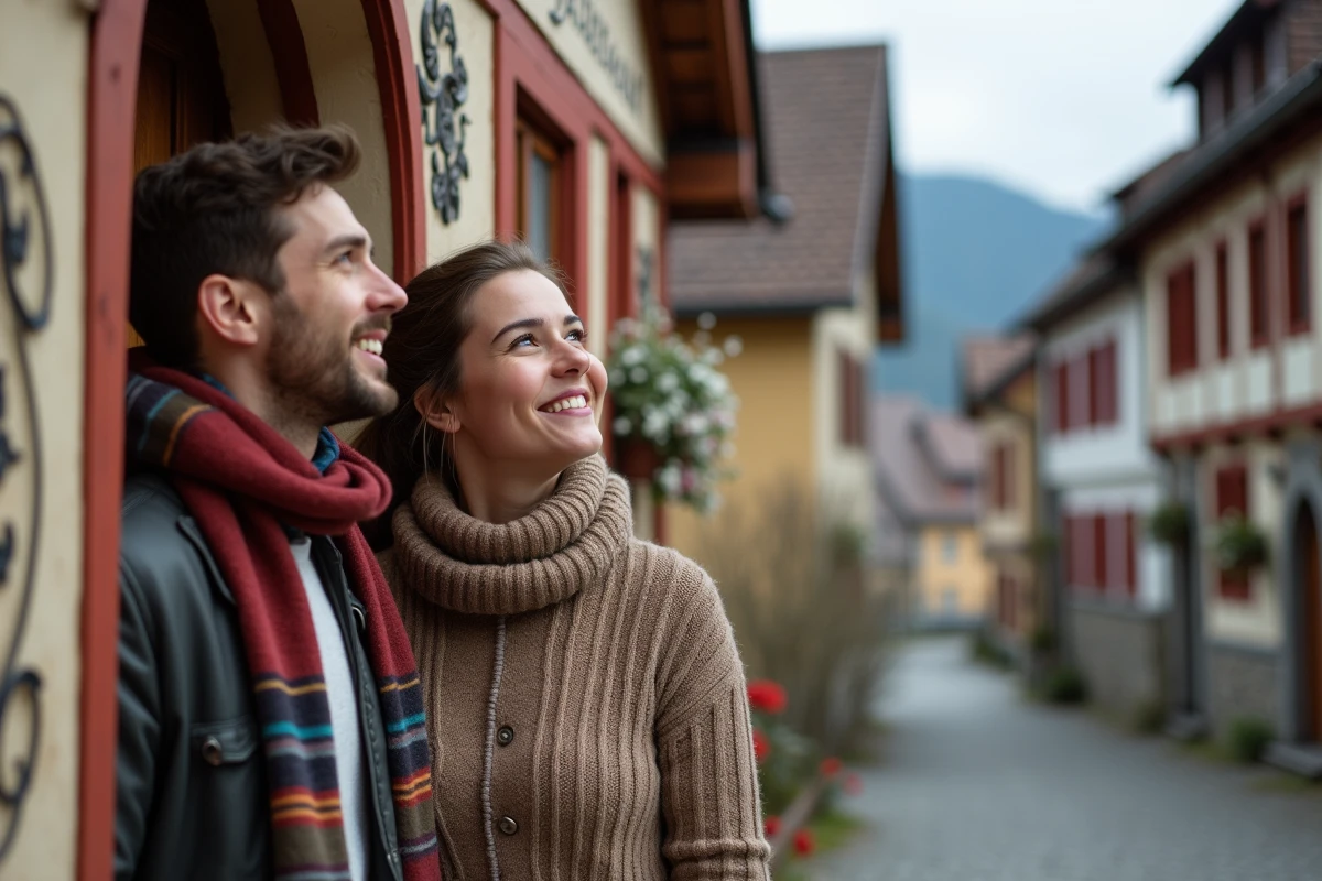 Jeune couple admirant une maison bavaroise peinte