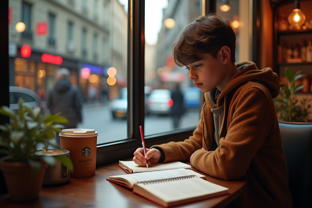 Jeune étudiant étudiant dans un café avec livres et café