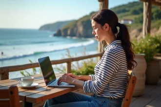 Jeune femme basque travaillant sur un ordinateur portable au café en plein air