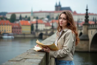 Jeune femme avec carte près du pont Charles à Prague