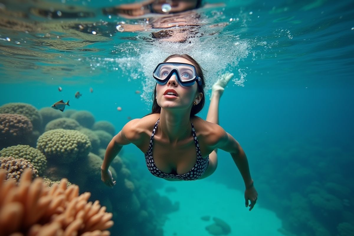 Jeune femme nageant près d’un récif corallien en snorkeling