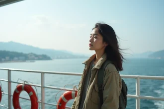 Jeune femme sur un ferry regardant la côte japonaise