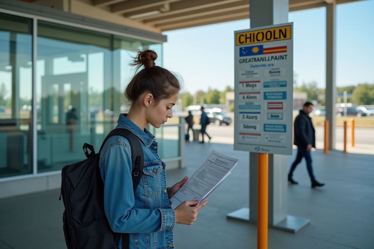 Jeune femme vérifiant sa déclaration en passant la frontière