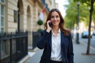 Jeune femme élégante parlant au téléphone devant l'ambassade d'Indonesie