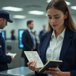 Prénom et nom sur un passeport : comment sont-ils indiqués et vérifiés ? Jeune femme présentant son passeport à un agent de frontière