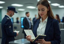 Prénom et nom sur un passeport : comment sont-ils indiqués et vérifiés ? Jeune femme présentant son passeport à un agent de frontière