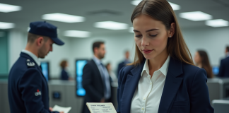 Prénom et nom sur un passeport : comment sont-ils indiqués et vérifiés ? Jeune femme présentant son passeport à un agent de frontière