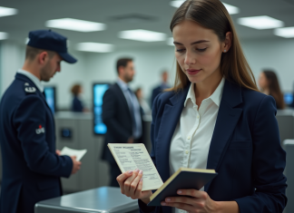 Prénom et nom sur un passeport : comment sont-ils indiqués et vérifiés ? Jeune femme présentant son passeport à un agent de frontière