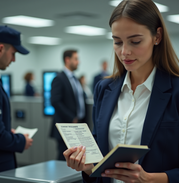 Prénom et nom sur un passeport : comment sont-ils indiqués et vérifiés ? Jeune femme présentant son passeport à un agent de frontière