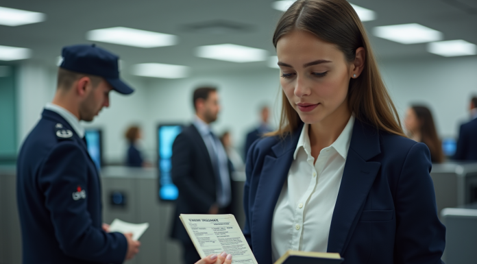 Prénom et nom sur un passeport : comment sont-ils indiqués et vérifiés ? Jeune femme présentant son passeport à un agent de frontière