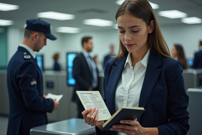 jeune-femme-passeport-frontiere Jeune femme présentant son passeport à un agent de frontière