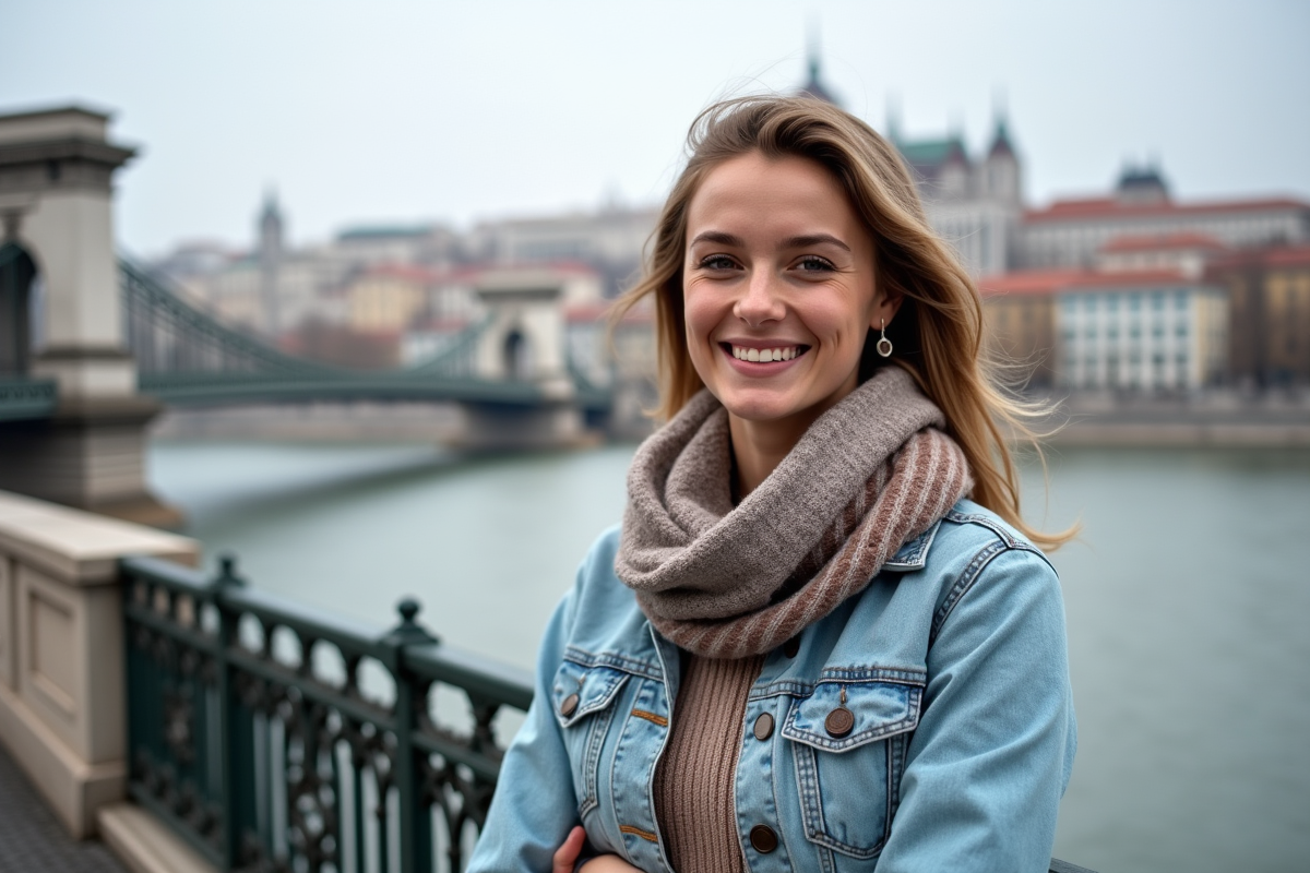 Jeune femme souriante devant le pont Chain à Budapest