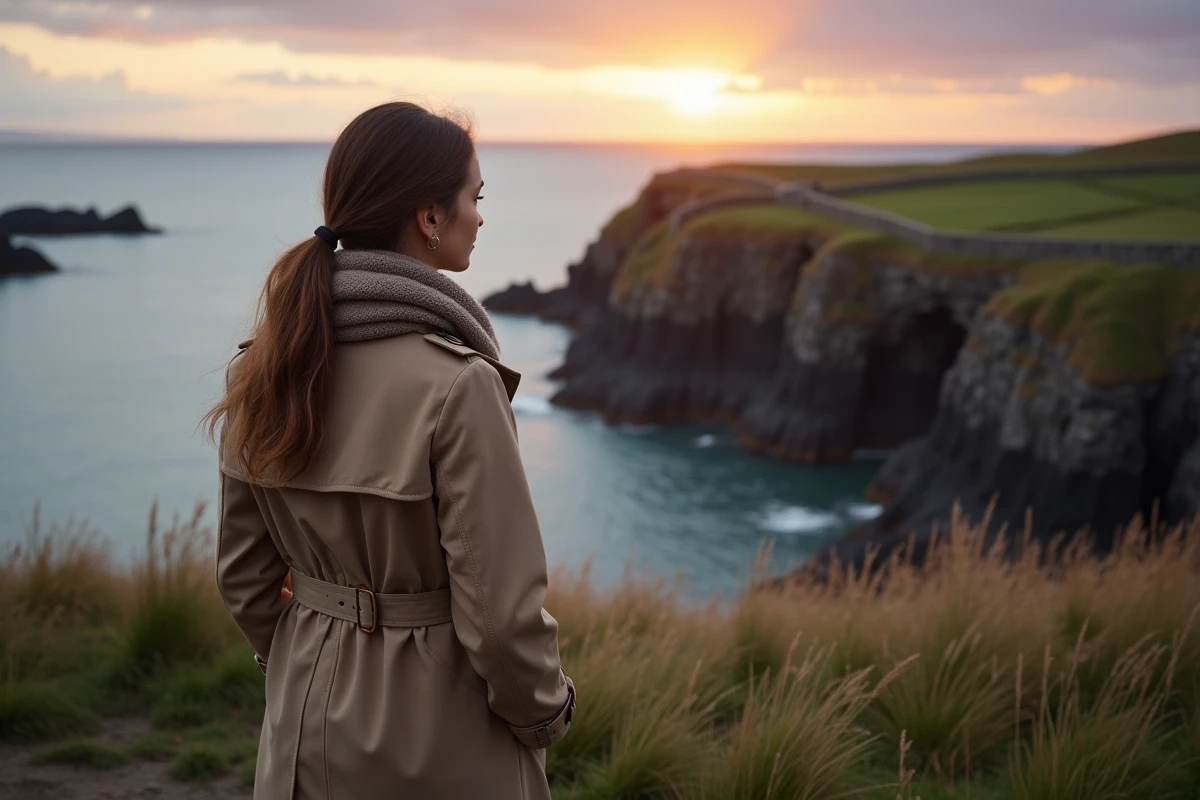 Jeune femme regardant le pont de Saint Cado au crépuscule