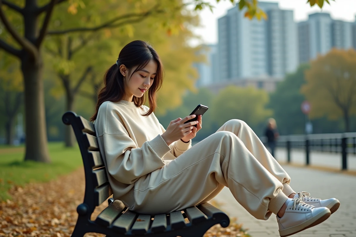 Jeune femme lisant manhwa sur smartphone dans un parc urbain