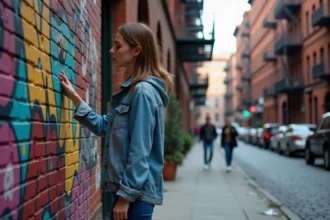 Jeune femme examine un mur de street art à Soho New York