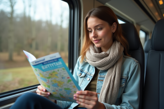 Jeune femme regardant une carte de train Interrail dans un train moderne