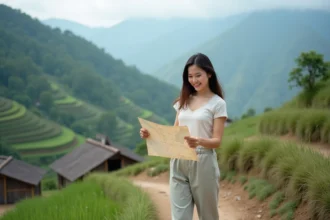 Jeune femme vietnamienne souriante avec carte dans les montagnes