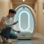 Jeune homme asiatique déverrouillant une capsule hôtel avec une carte