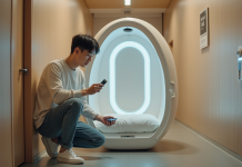 Jeune homme asiatique déverrouillant une capsule hôtel avec une carte