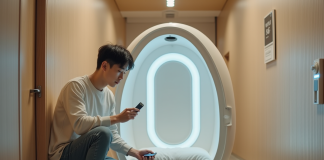 Jeune homme asiatique déverrouillant une capsule hôtel avec une carte