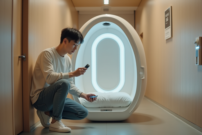 jeune-homme-capsule-hotel Jeune homme asiatique déverrouillant une capsule hôtel avec une carte