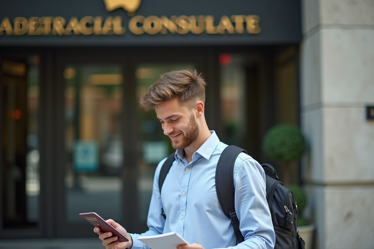 Jeune homme devant le consulat australien avec passeport et documents