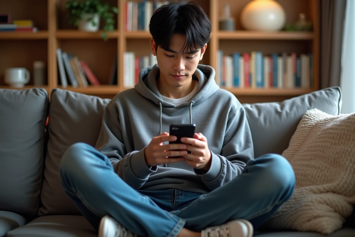 Jeune homme lisant manhwa sur smartphone dans un salon cosy