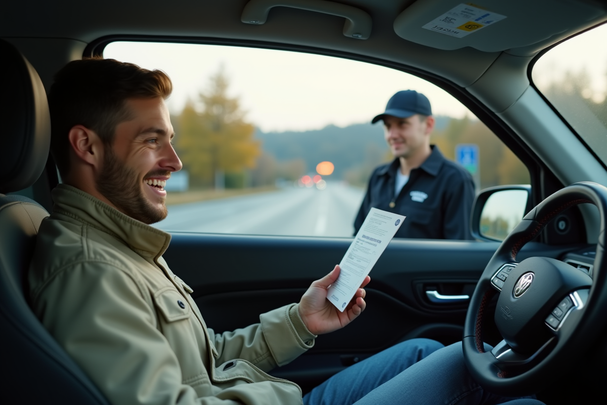 Jeune homme montrant permis à un agent de frontière