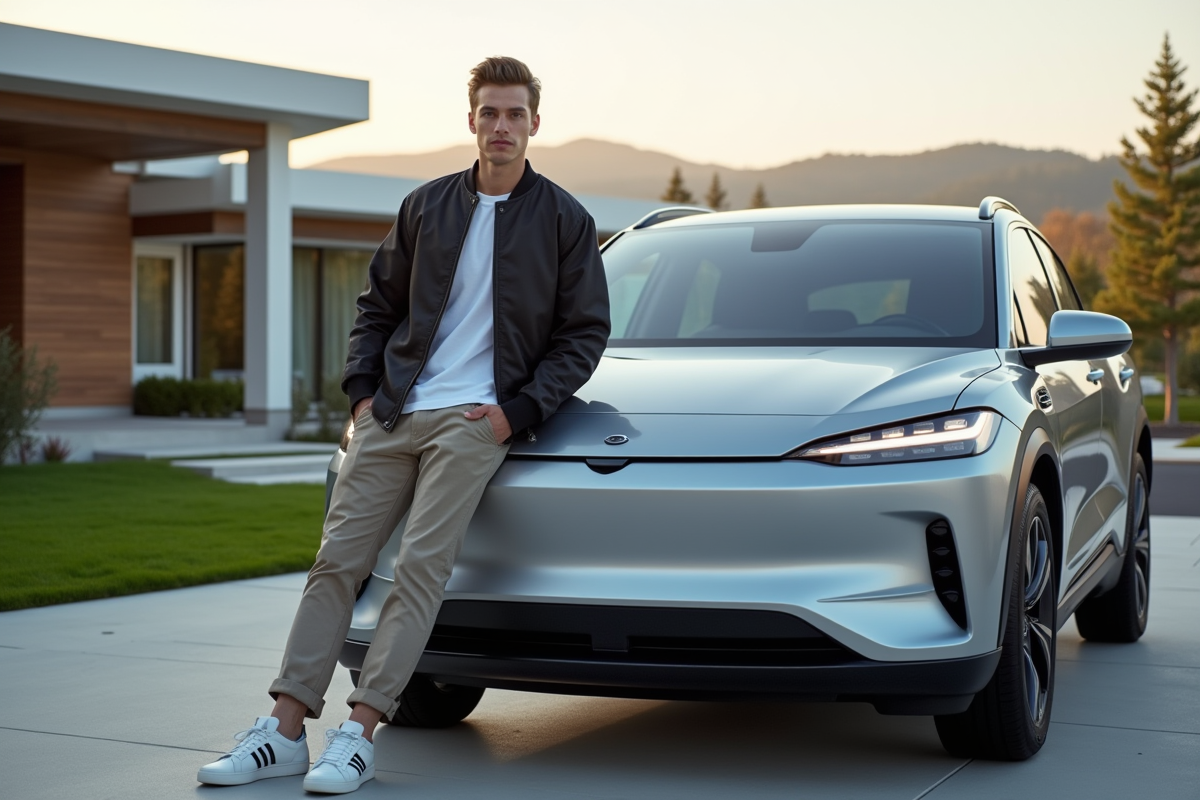 Jeune homme décontracté près d une voiture électrique et maison