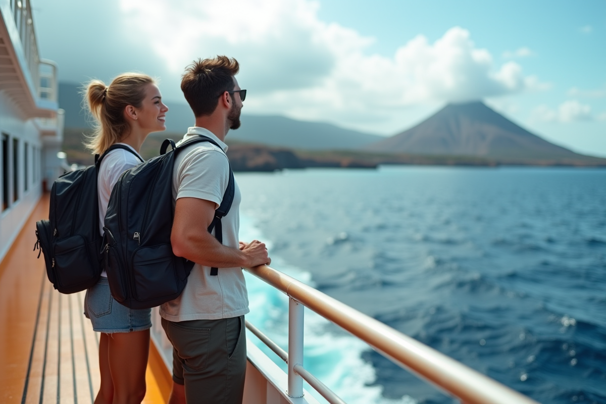 Jeunes voyageurs sur ferry regardant la côte de la Réunion