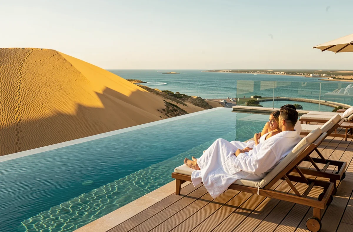 Terrasse et piscine à débordement de La Coorniche avec vue panoramique sur la Dune du Pilat et le bassin d'Arcachon