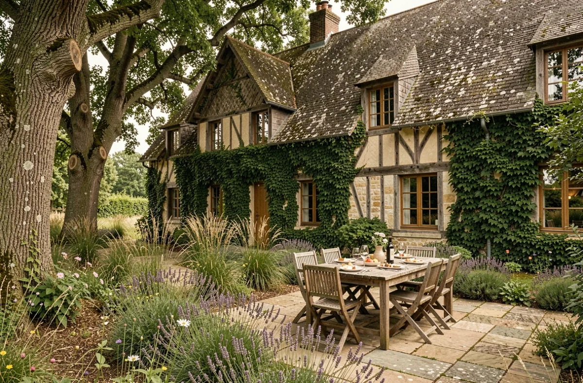 Domaine de chasse reconverti en hôtel à Saubion dans les Landes, avec façade en pierre couverte de lierre et jardin naturel autour d'une terrasse rustique