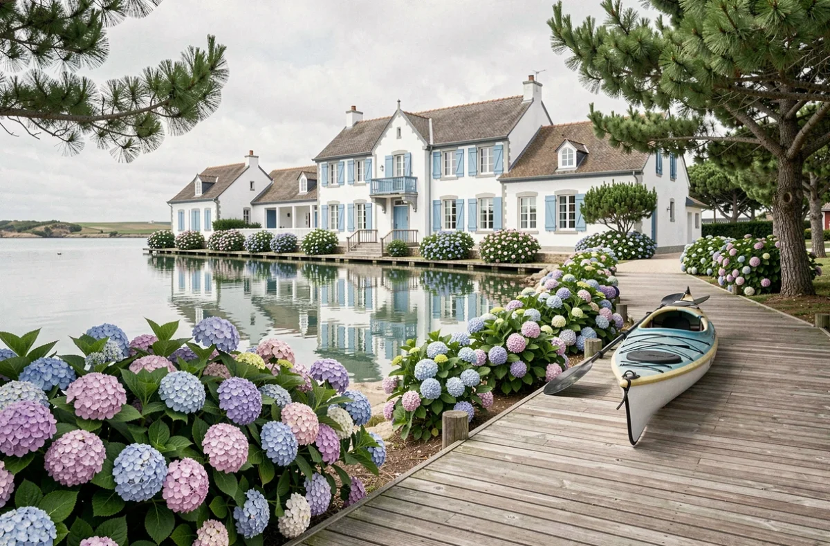 Hôtel Les Hortensias du Lac à Hossegor avec hortensias en fleurs au bord du lac et architecture basque blanche aux volets bleus