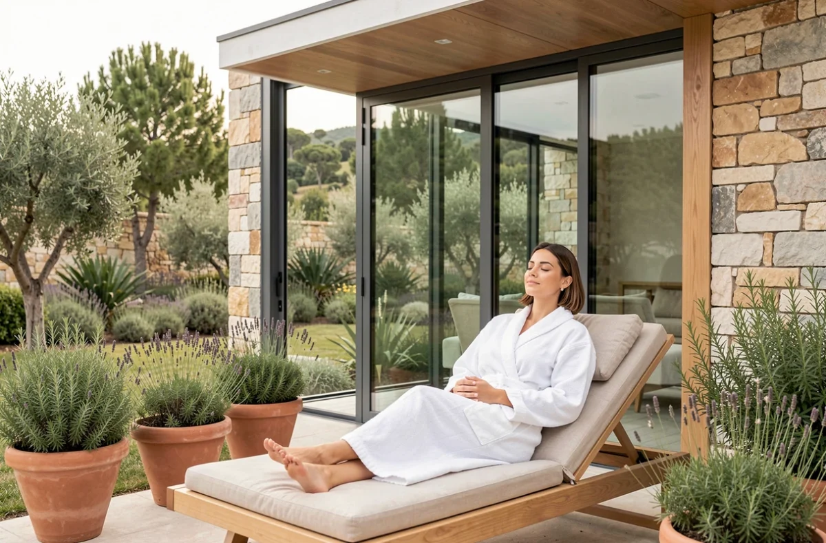 Femme en robe de spa se relaxant sur une terrasse en bois au milieu d'un jardin provençal contemporain au Lily of the Valley