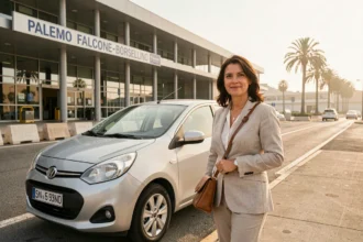 Femme récupérant une voiture de location devant l'aéroport de Palerme Falcone-Borsellino